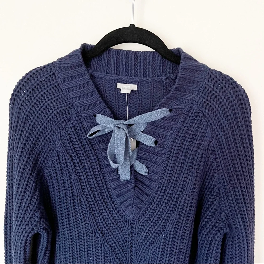 Aerie Chunky Lace Up Cable Knit Sweater Navy Blue XS NWT - Picture 2 of 7